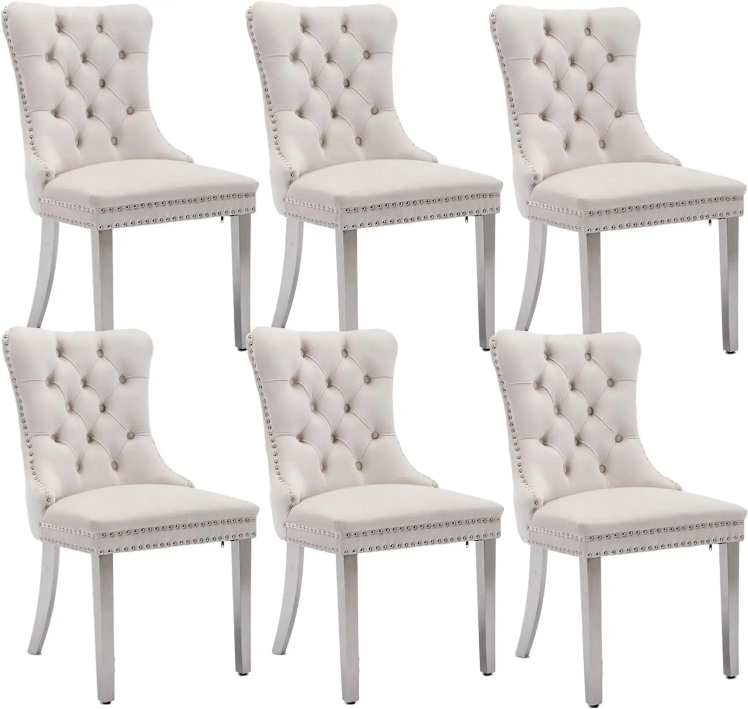 Velvet Dining Chairs Set of 6, Upholstered Dining Room Chairs with Back Ring Pull Trim and Sliver Stainless Steel Legs