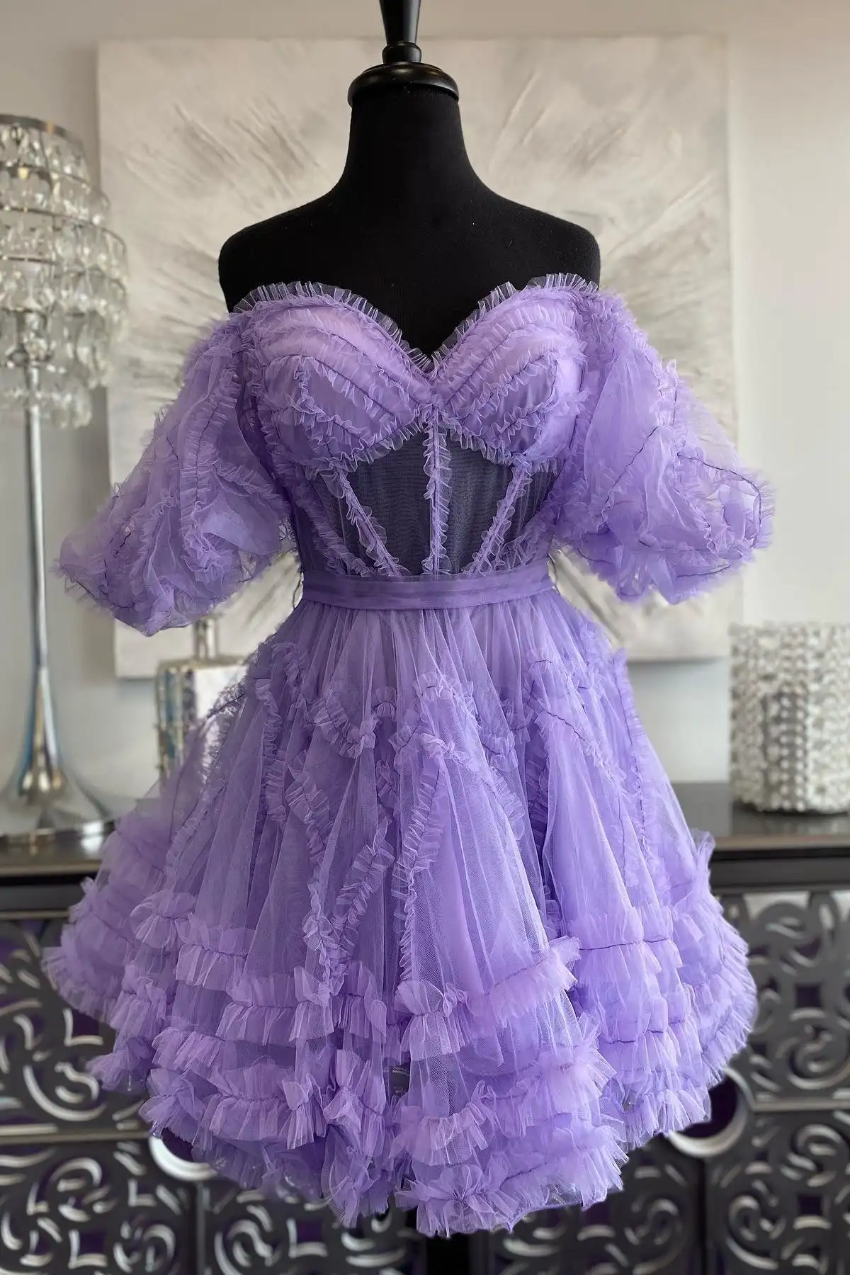 Tulle Sweetheart A-line Mini Prom Dresses Puff Short Sleeves Illusion Bow Belt Pleated Ball Gown Vibrant Girl's Homecoming Dress