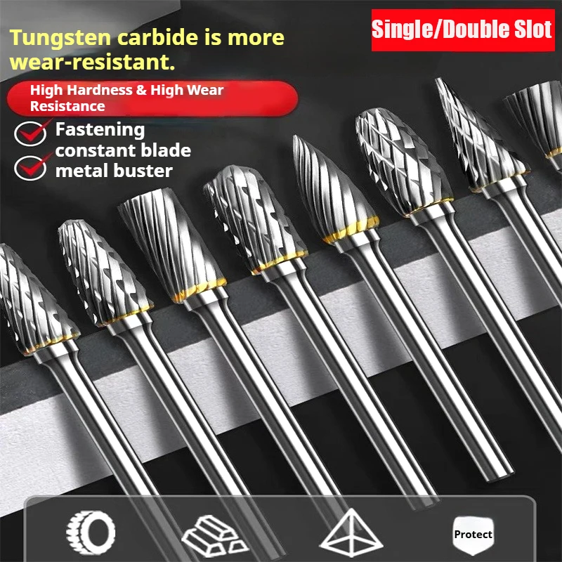 ハンドル直径-3mm-6mm-硬質合金タングステン鋼-シングル-ダブルカット-ロータリーファイル-ミリングカッターヘッド、木工研削カービン