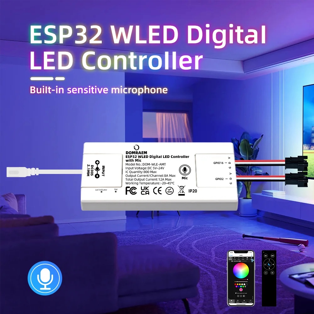 ESP32 Dual-Channel WLED Smart Controller 5-24V WiFi RGB LED Strip Controller with OTA 12A Max 800 ICs EU Certified GPIO16 RF2.4G