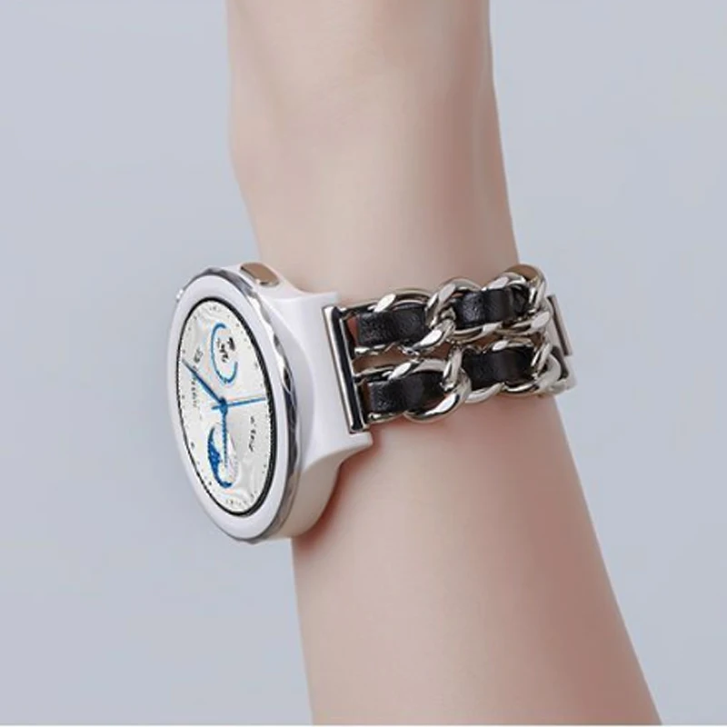 Leather+Stainless Steel Chain Watchband for Huawei Gt3 Pro 43mm 20mm Fashion Bracelet Strap for Gt2 42mm/GT3 42mm Smartwatch
