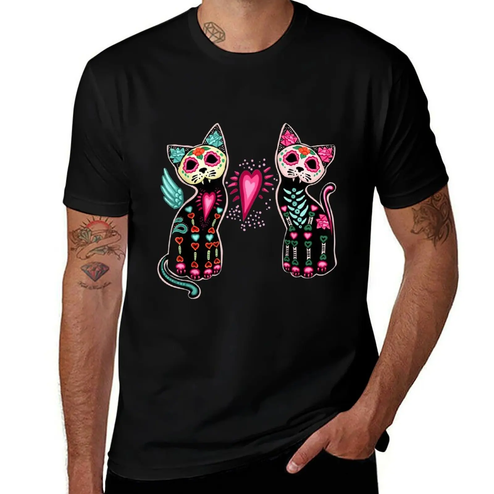 

Футболка Day of the Dead Cats Cat Lovers Dia De Los Muertos, футболки для мужчин, хлопковые забавные футболки, темный юмор, футболка