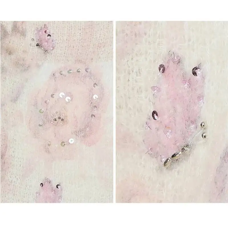 Women Mohair Wool Sweater Autumn Winter Korean 30% Mohair 27%Wool Floral Beading Pullovers,Tops