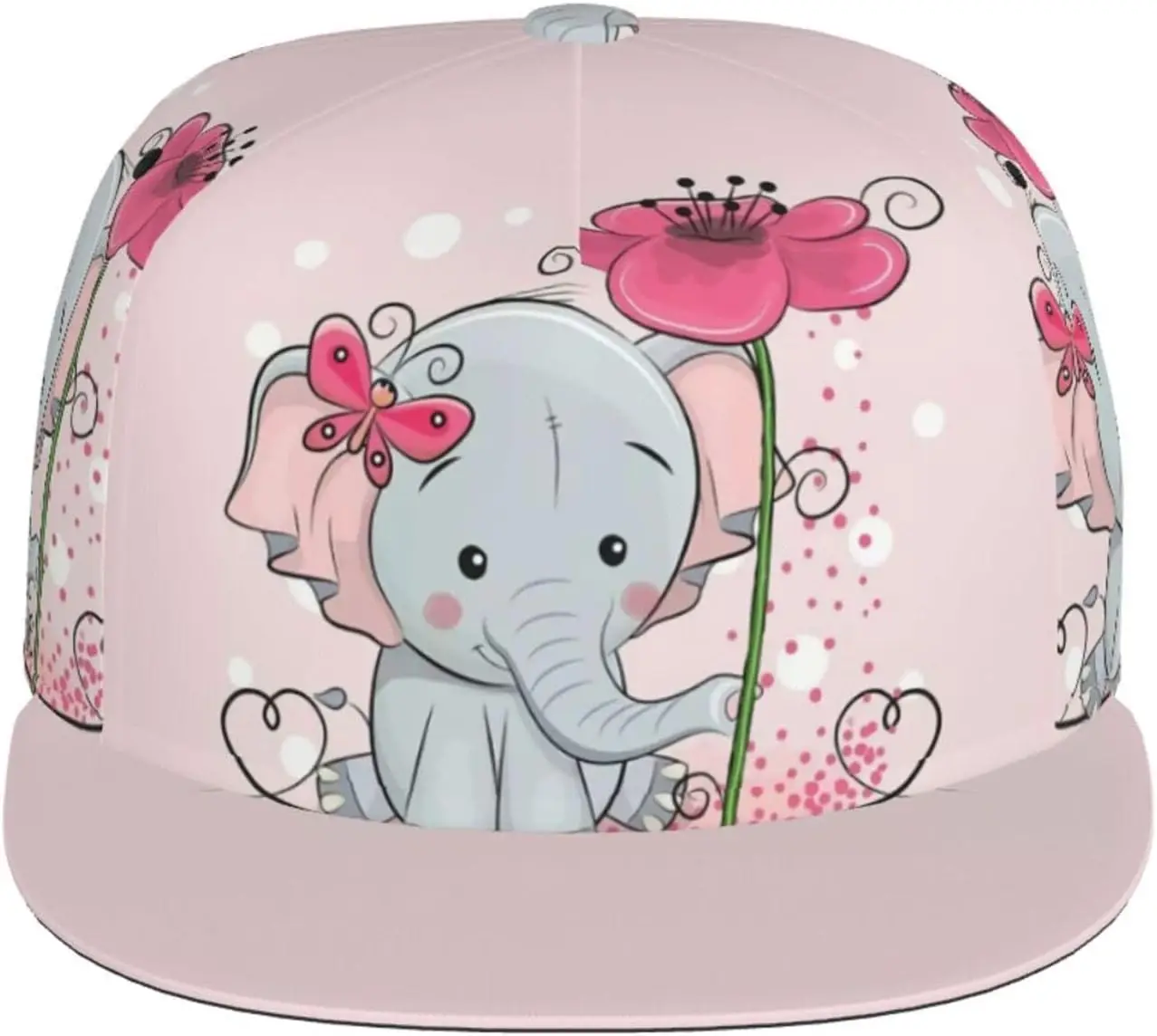 Lovely Elephant Butterfly Flower Pattern Flat Bill Hat, Unisex Snapback Baseball Cap Hip Hop Style Flat Visor Blank Adjus