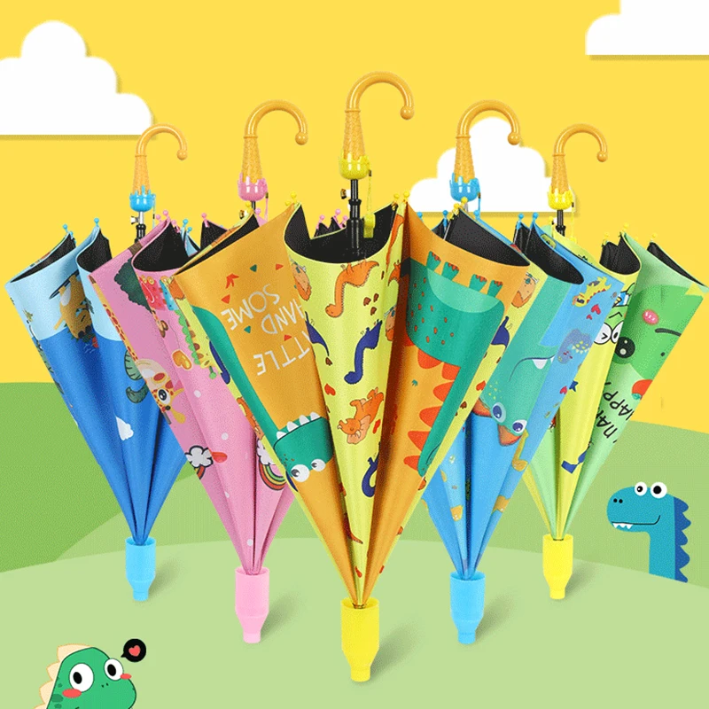 Children Umbrella Sunny Rain Black Rubber Long Handle Umbrella Multi Color Cute Cartoon Kid Umbrella with Waterproof Cover