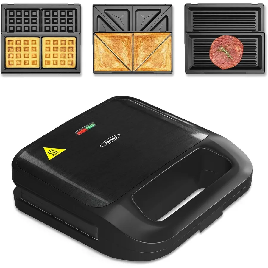 3 in 1 Sandwich Maker Panini Press with Removable Non-Stick Plates Indicator Lights Cool Touch Handle 750W Black