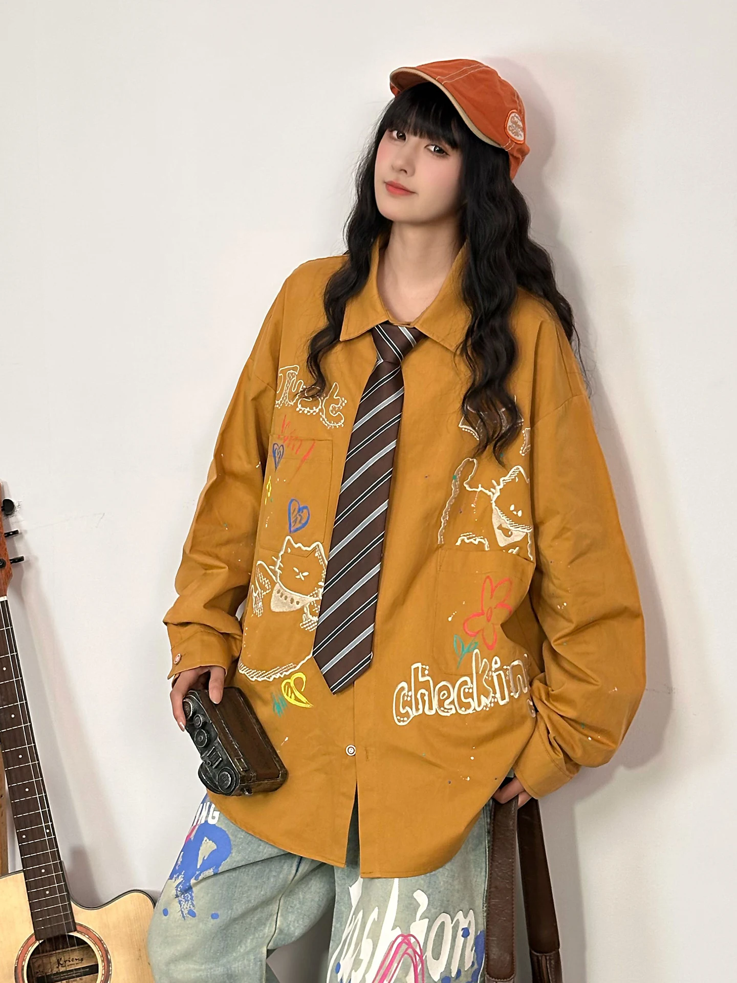 

Street Sle Loose Fit Long Sve Print irt Women's Cartoon Fun Lazy Cotton Breathable Faionable irt for Young Women