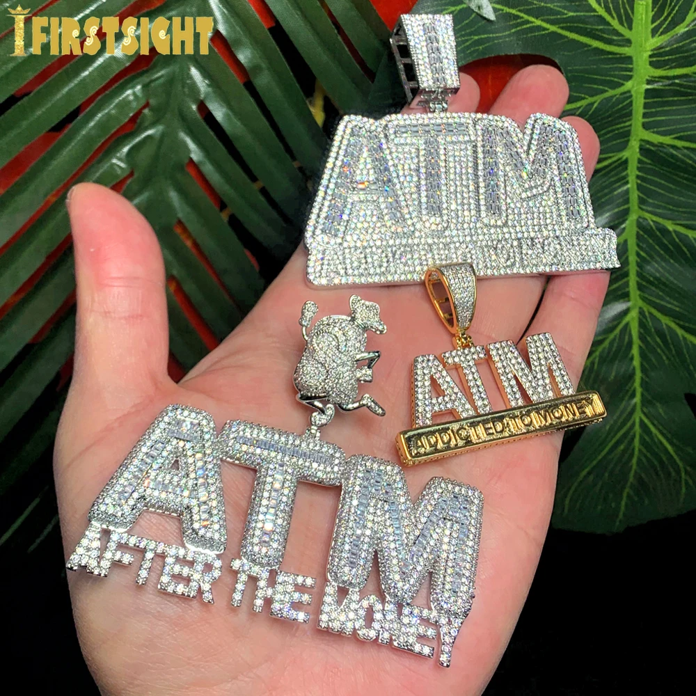 New Iced Out Bling Letters ATM Pendant Necklaces Silver Color Rectangle CZ Zircon After The Money Charm Men's Hip Hop Jewelry