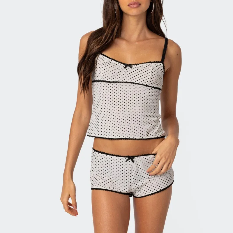 

Women Pajamas Sets Sleeveless Camisole+Shorts Two Pieces Suits Sexy Sleepwear Casual Home Clothes Female Dot Printed Loungewear