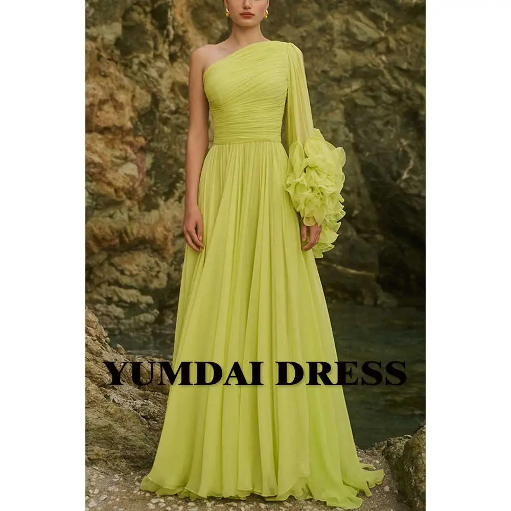 YUMDAI Yellow Chiffon One Shoulder Sleeve Evening Gown Premium Dubai Mother of the Bride Gown Floral Ruffle Wedding Guest Gown