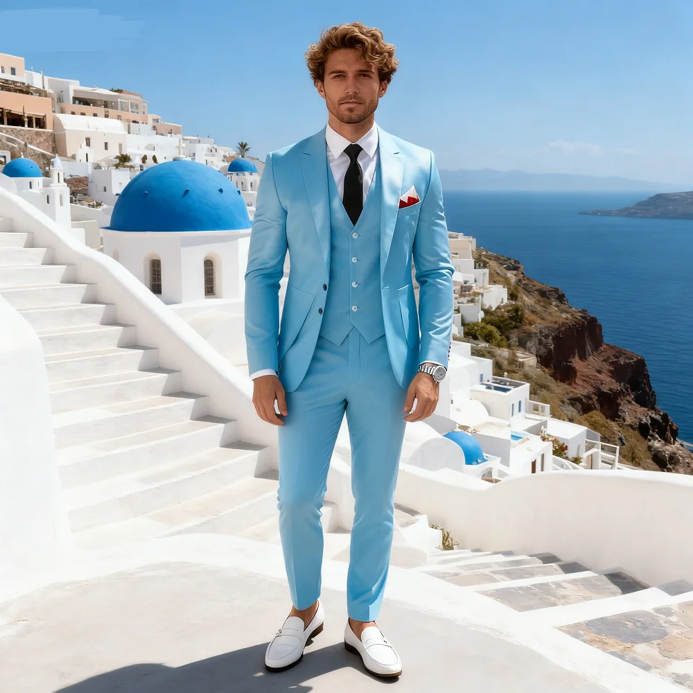 

Elegant Rose Red 3-Piece Slim Fit Men's Suit Double Breasted Blazer Vest Pants Set for Wedding Groom Tuxedo Business Party