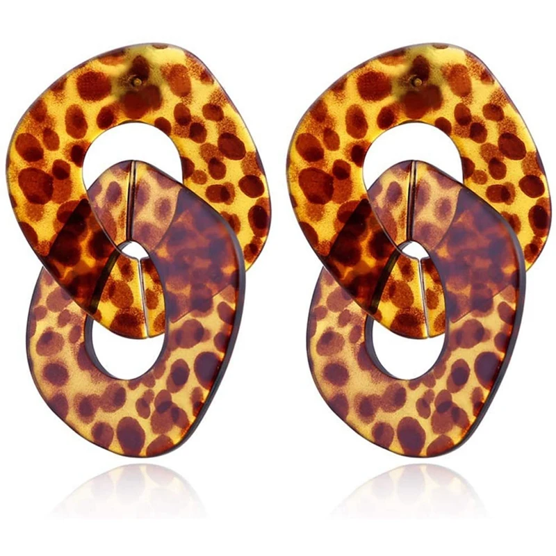 Leopard Acrylic Resin Double Hoop Chain Earrings Tortoiseshell Fashion Jewelry (Random Color)