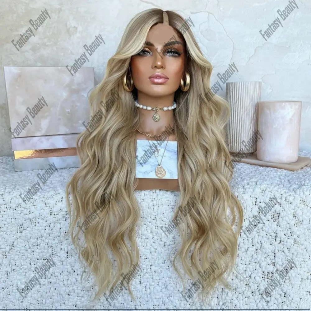 Loose Wavy V Part Wigs 100% Human Hair for Women Dark Roots with Creamy Blonde Highlights Glueless 1*4 Size U Part Wig Human Hai