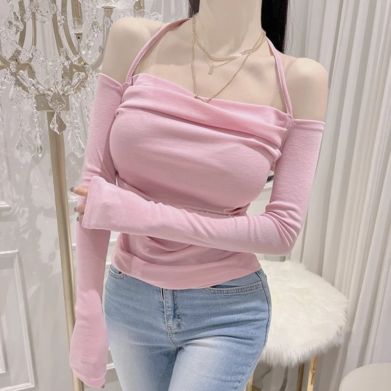 Trendy Long Sleeve Neck Hanging Design Shoulder Exposure One Word Swing Collar Women's Spring Autumn Sexy Slimming Pure Desir...
