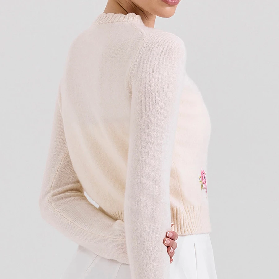 French Chic Cropped Sweater Cardigan Women Cream Floral Embroidery Knitted Autumn Winter Long Sleeve Ladies Y2K Knitwear Jersey
