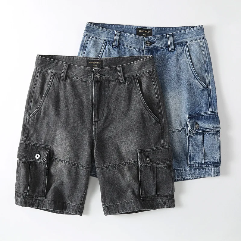 

Men's Vintage American Style Denim Shorts - Workwear Cargo Shorts, Summer Cotton 5-Inch Inseam, Relaxed Straight Fit Casual