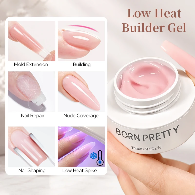 BORN PRETTY 15ml Low Heat Builder Gel Polish Hard Gel For Nail Extension Milky White Constructor Gel Self Leveling DIY Salon