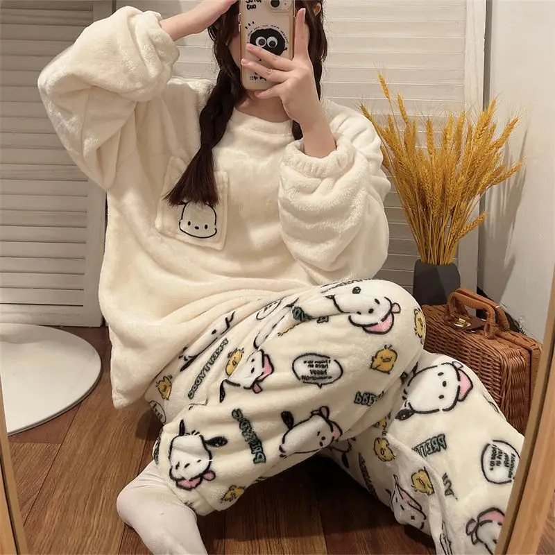 Sanrio Hello Kitty Flannel Pajamas Women Warm Plus Thicken Velvet Cartoon Casual Home Pants in Autumn Winter Fashion Pajamas