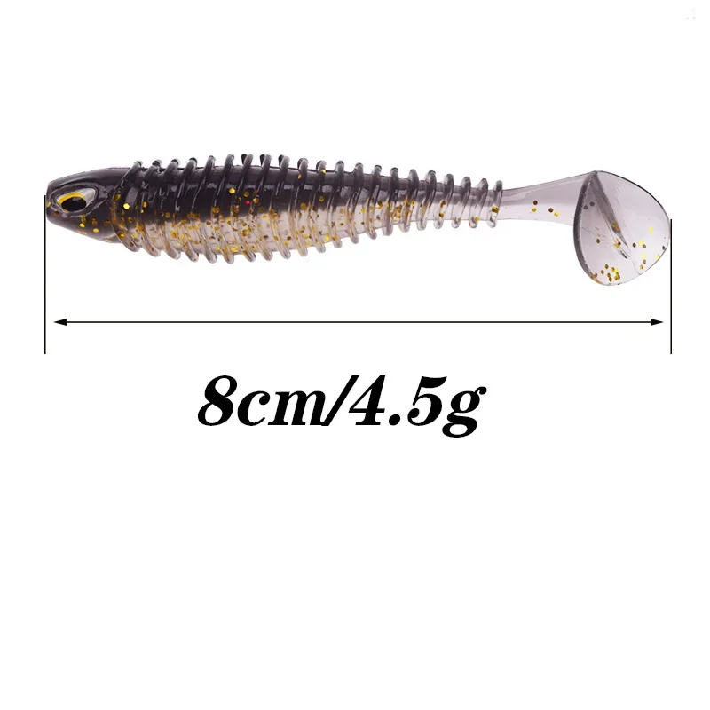 5 Pcs 8cm 4.5g Paddle Tail Fishing Soft Bait 3D Eyes Jigs Wobblers Spiral Silicone Artificial Rubber Baits for Bass Pike Carp