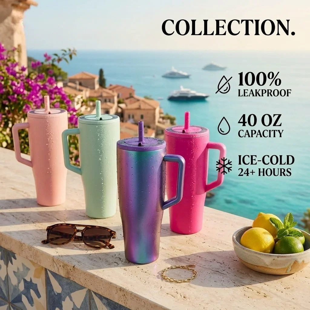 40oz 100% Leakproof Straw Tumbler with Handle | 316 Stainless Steel Insulated Water Bottle | Car Cup Holder Generic Dupe