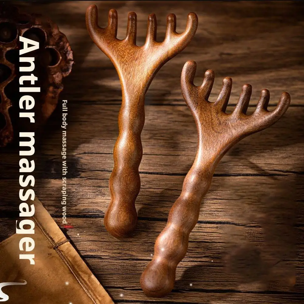 Body Meridian Massage Comb Sandalwood Deer Antlers Wide Tooth Acupuncture Help Blood Circulation Anti-static Smooth Hair