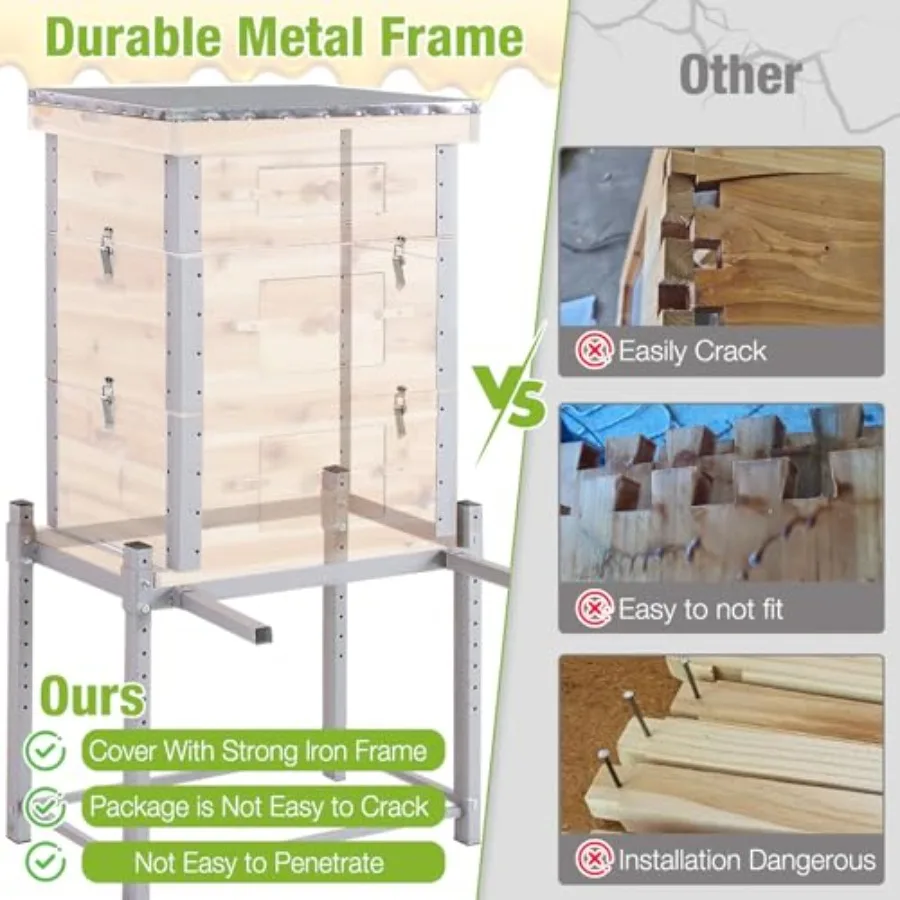 خلية نحل لانجستروث مكونة من 10 إطارات مع إطار معدني وحامل مغموس في 100 شمع عسل للزراعة المنفوخة وإنتاج العسل تتضمن Wo