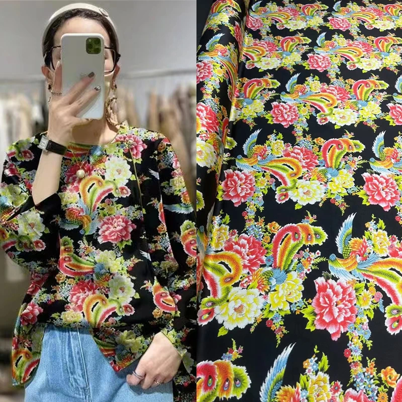 Fashion Phoenix National Style Digital Print Silk Fabric Shirt Dress Sewing Manual Div Designer Fabric Sewing Material Clothes