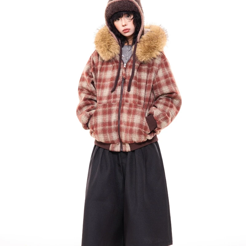 American Retro Fur Collar Hooded Red Plaid Women's Coats 2025 Winter New Sweet Cool Couple Thickened Warm Cotton Jackets Ladies
