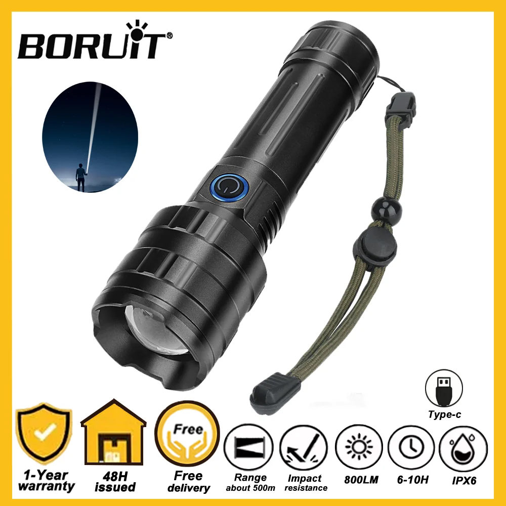 

BORUIT высокомощный фонарик с увеличением, модель 18650, Аккумуляторный водонепроницаемый тактический военный фонарик для поиска, фонарик для рыбалки и кемпинга