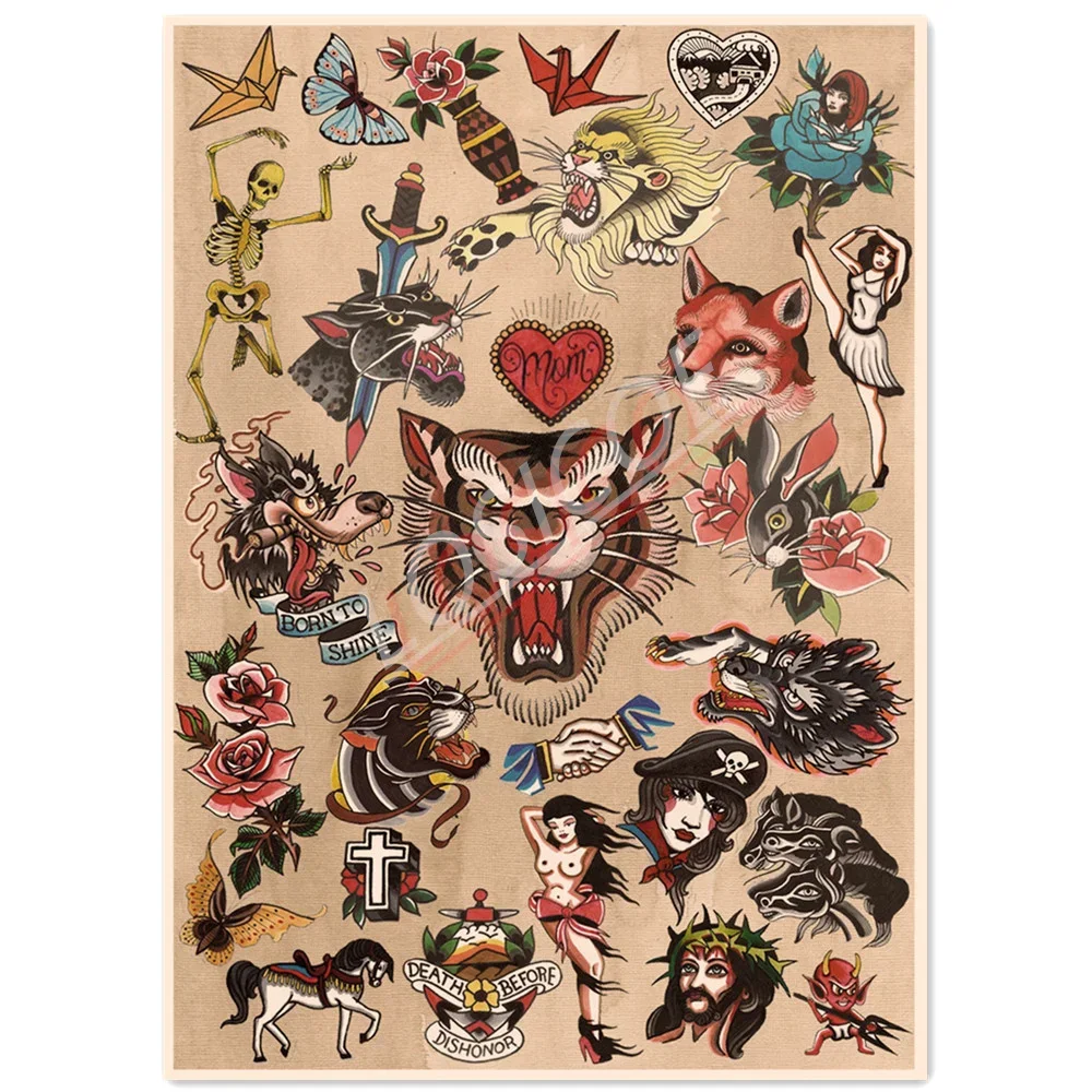 Old School Tattoo Art Picture Wall Hanging Painting Vintage Kraft Posters and Prints Wall Chart Bedroom Home Wall Decor Drawing