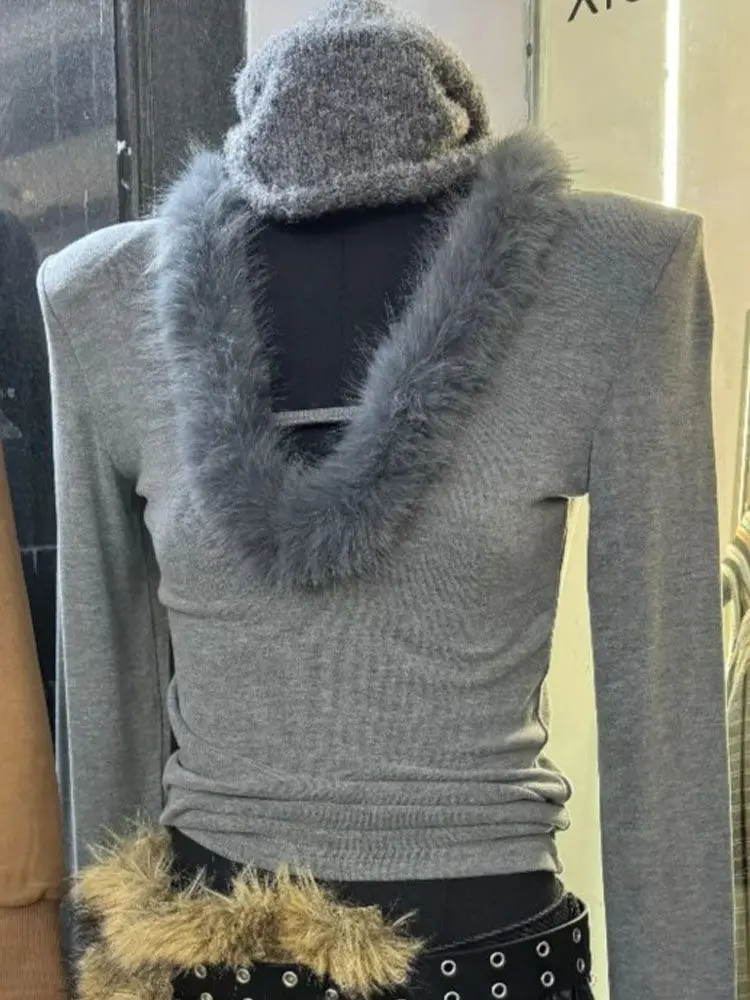 

Women's Faux Fur Trim V-Neck Long Sleeve Top, Slim Fit Knit Shirt in Pink/Grey/Brown/Black, Elegant Warm Style for Autumn Winter