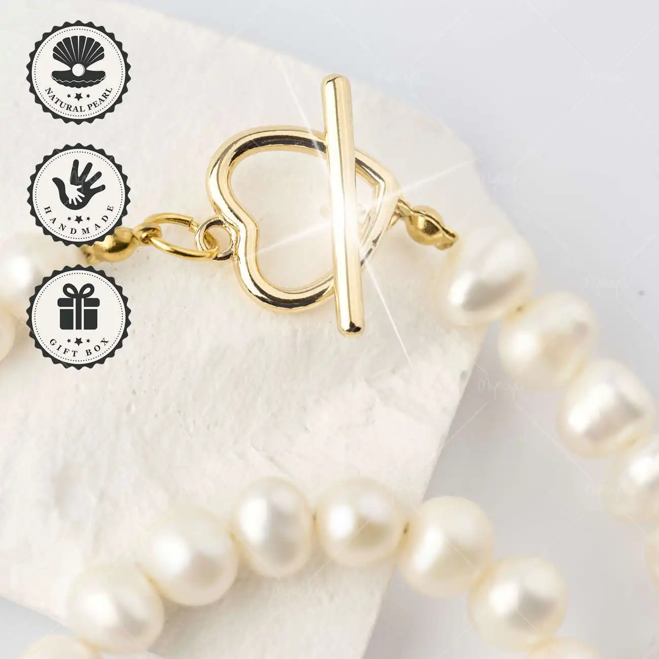 

MYSOYA White Freshwater Pearl Necklace 7-8mm with Gold Heart Clasp, Gift Box, Birthday & Anniversary Gift