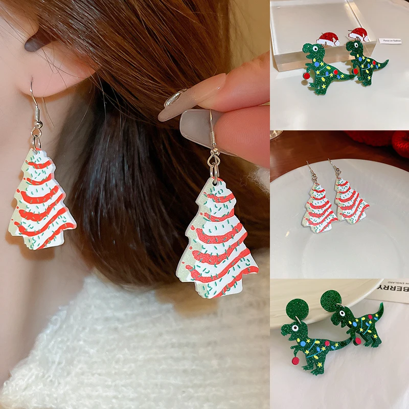 Green Christmas Tree Striped Hat Round Geometric Small Dinosaur Dangle Earrings for Women 925 Silver Needle Festival Jewelry