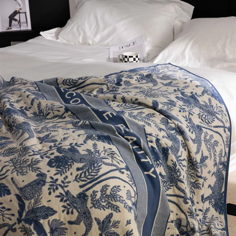 

130*160cm Nordic Ink Painting Rabbit Velvet Yarn Retro Knitted Blanket Bedroom Living Room Sofa Conditioner Lunch Break Blanket