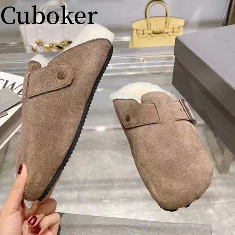 

2024 Winter Luxury Suede Fur inside Slippers Round Wrap Toe Buckle Leather Slippers Women Home Warm Mules Ladies Slipper Woman