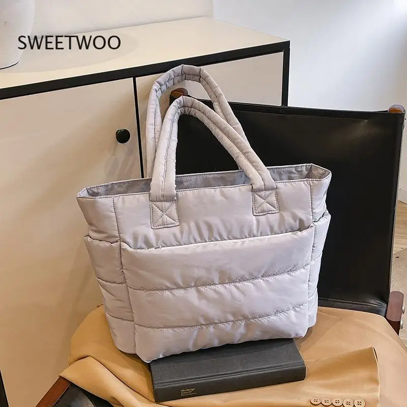 Womens Pink Quilted Tote Bag Large Capacity Puffer Shoulder Bag Casual Daily Handbag - view 3