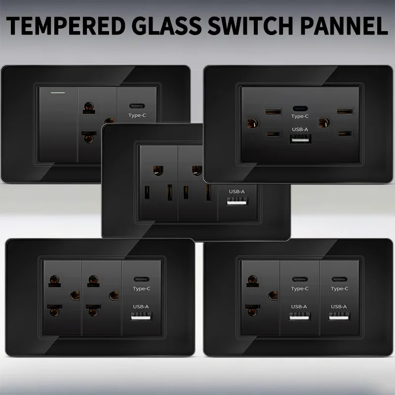 

Tempered Glass US* 75mm Wall Socket - Dual USB-C + AC Outlet w/ Illuminated Switch, Children Safety ，20W 9V 2A