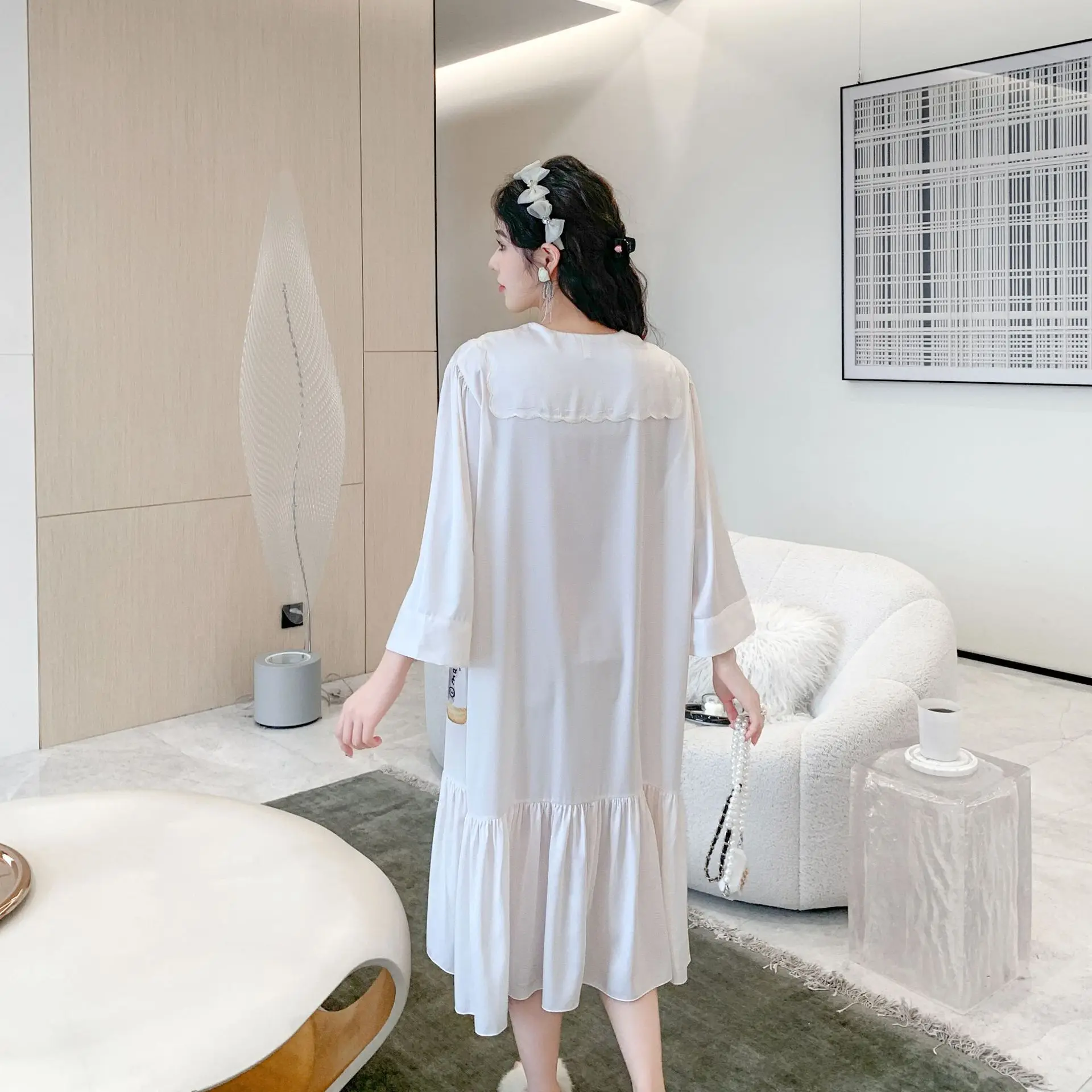 Sweet Women Nightgown Sleepshirt Gown 2023 New Nightdress Silky Satin Sleepwear Summer Casual Rayon Home Dress Loungewear image 3