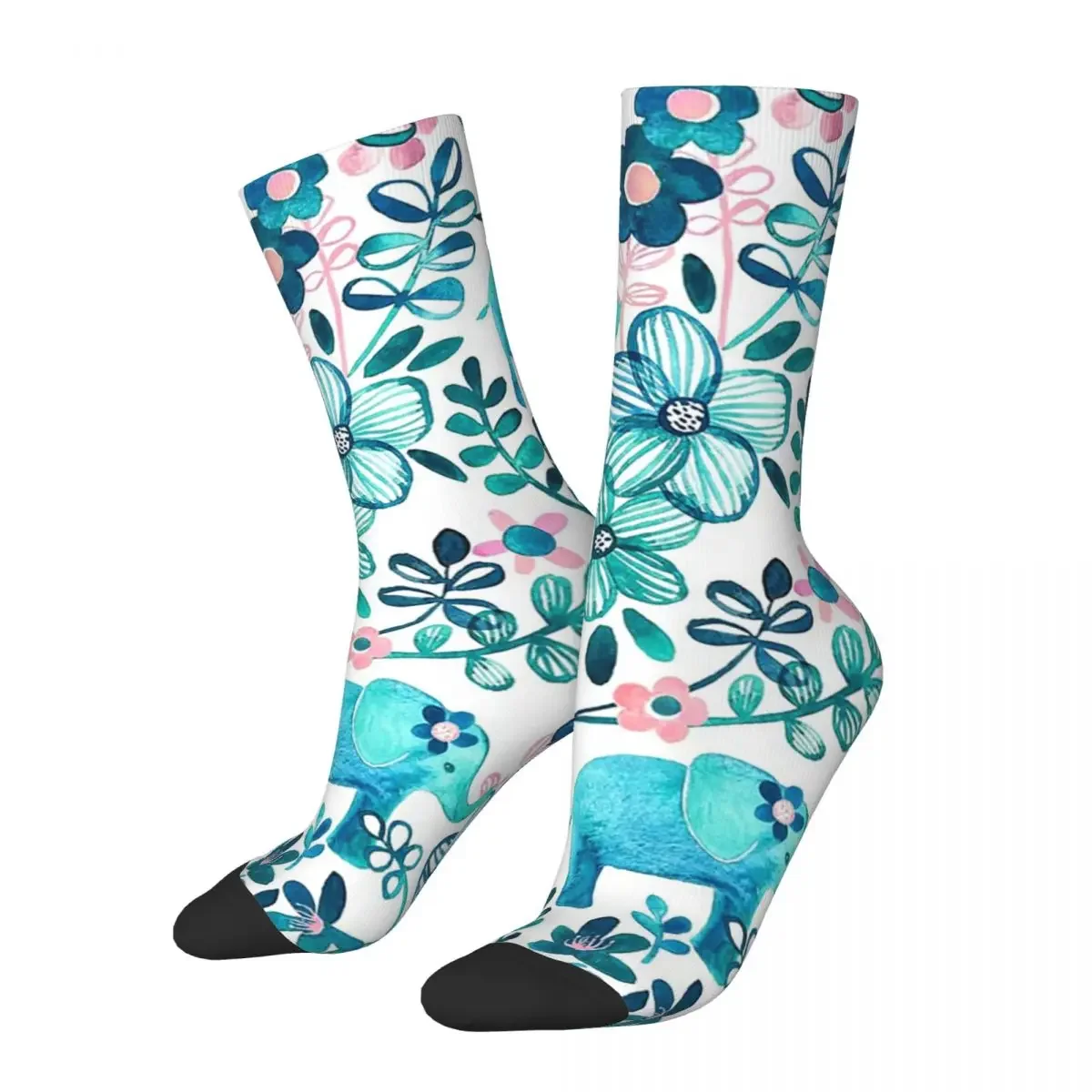 

Dusty Pink, White And Teal Elephant And Floral Watercolor Socks High Quality Stockings All Season