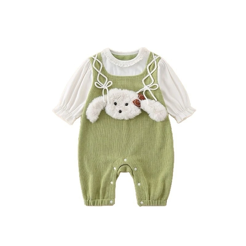 

Поддельный комбинезон из двух предметов для маленьких девочек на осень, милый флисовый теплый комбинезон с щенком, комбинезон с длинными рукавами и кружевным воротником для Хэллоуина