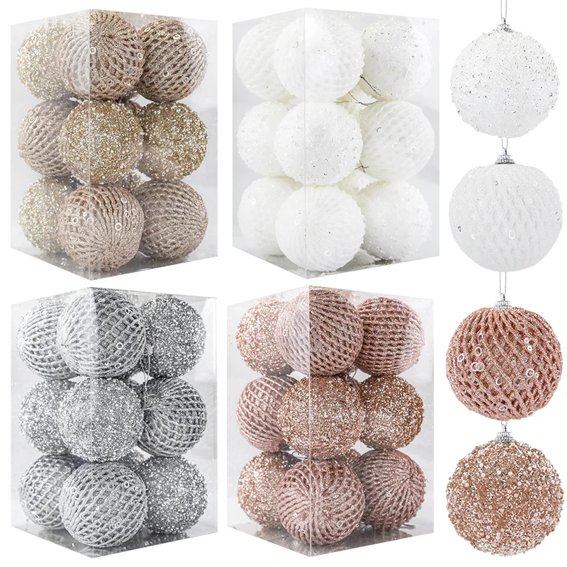 12pcs 8cm Christmas Tree Balls Ornaments Glitter Gold White Bauble Pendants Xmas Tree Hanging Decoration For Home Noel New Year