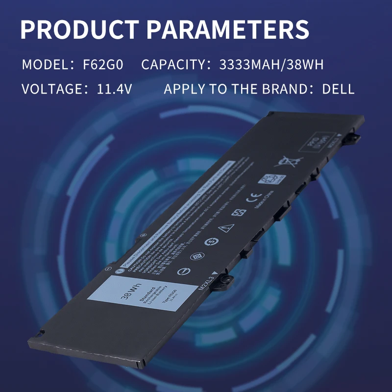 Somi-nova bateria do portátil, 11.4V, 38WH, F62G0, Dell Inspiron 13 7386, 2 em 1, 5370, 7370, 7380, 7373, Vostro 5370, RPJC3, P91G, P83G, P87G