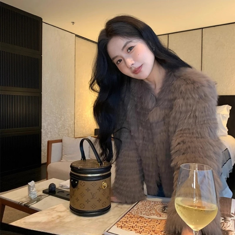 YOLANFAIRY Fox fur real coat winter warmth V-neck blouse long sleeve Short-Length commuting cocoa whole fur jacket female 2025