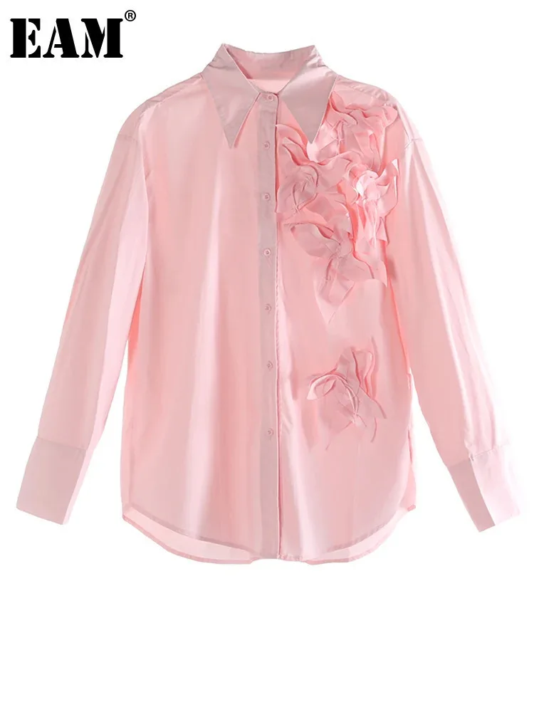 

[EAM] Women Apricot Three-dimensional Flower Big Size Blouse New Lapel Long Sleeve Shirt Fashion Tide Spring Autumn 2024 1DH6982