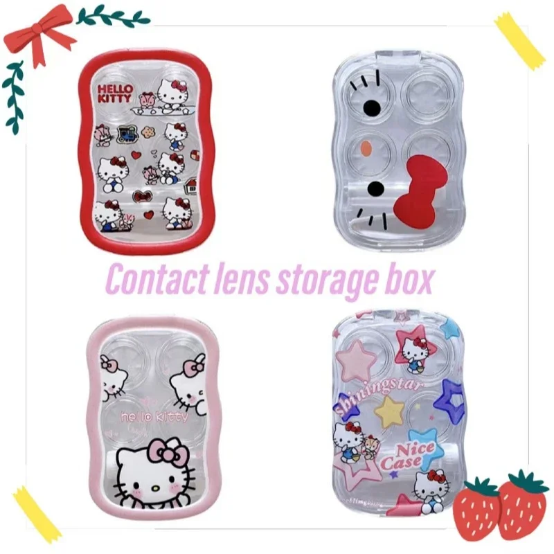 New HelloKitty Two Pairs/ Contact Lens Cases Sanrios Cute Portable Outdoors Transparent Glasses Storage Girl Accessories Gift