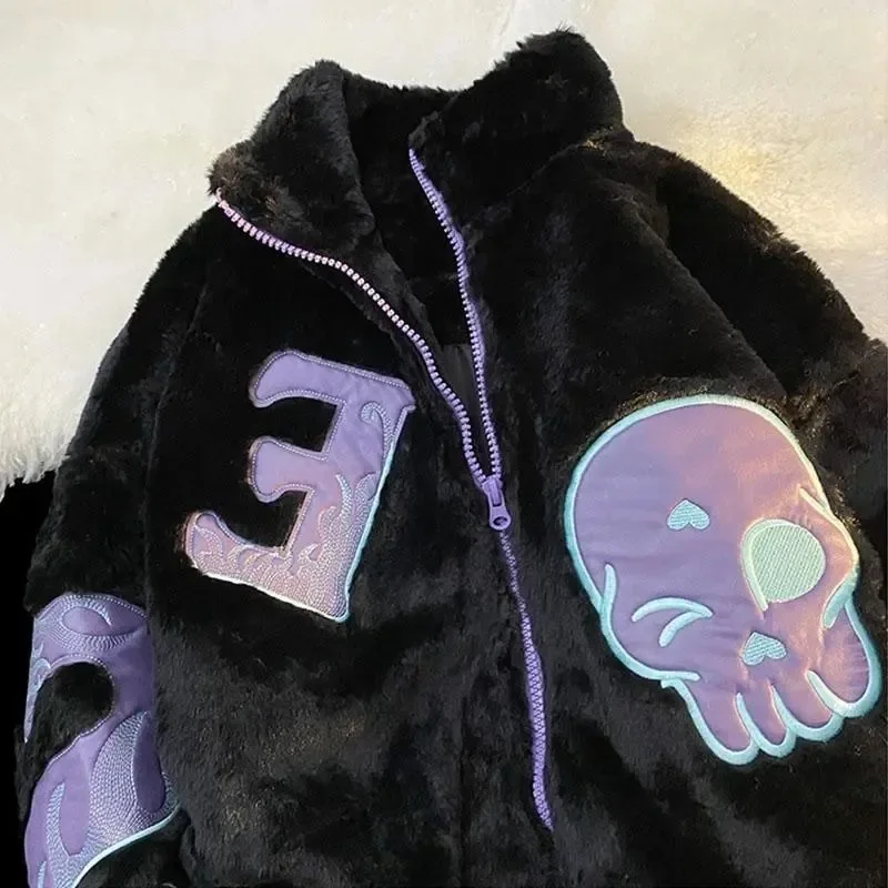 

Vintage Skull Lamb Fleece Jacket Women Oversize Streetwear Korean Fashion Autumn Winter Jackets Zipper Casual Outwear