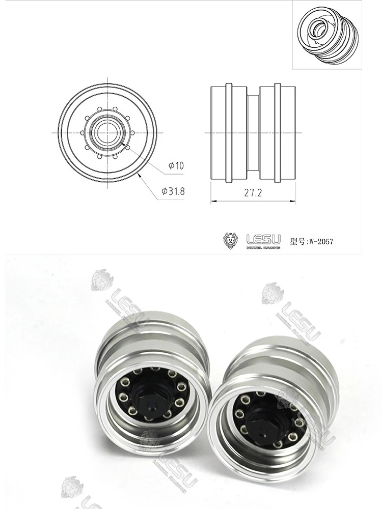 RC 1/14 Sattelanhänger W-2057 Metall LESU Aluminiumlegierung CNC-Produktion Radnabe Anhänger DIY Modifiziertes Automodell – Detail 3