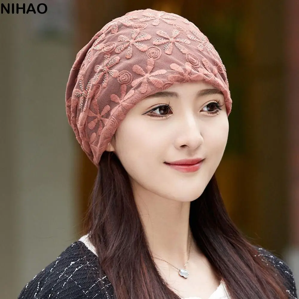 

Lace Flower Beanies Cap Hollow Out Breathable Crochet Slouchy Hat Headscarf Wrap Elegant Thin Turban Beanies Caps Spring Summer