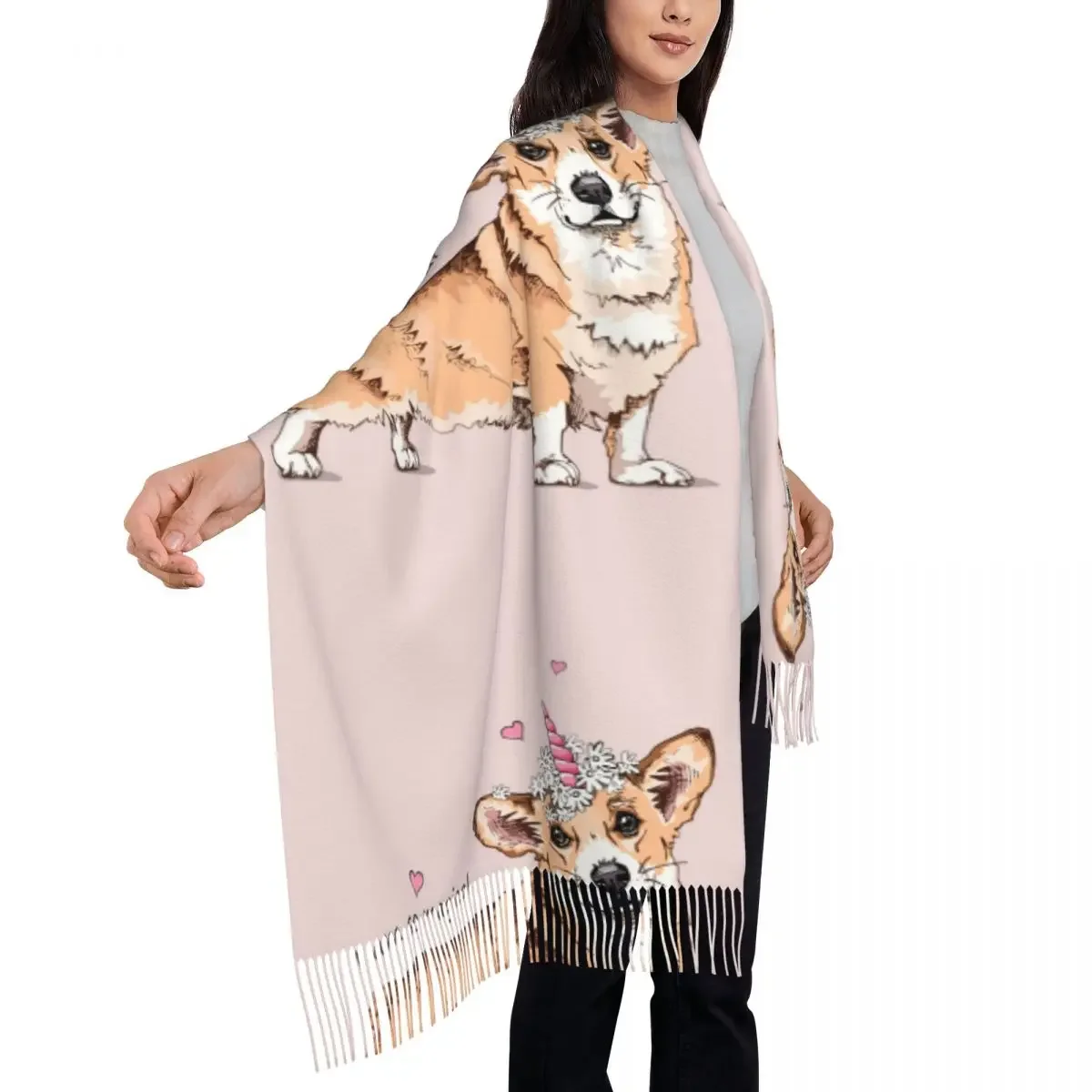 Welsh Corgi Dog With Pink Unicorn Horn And Chamomile Flowers Women's Pashmina Shawl Wraps Fringe Scarf Long Large 