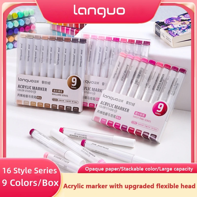 Languo Acrylic Marker Pen Soft Head for Artist Rock Painting Glass Ceramic Fabric Diy Crafts Student Graffiti Acrylic Paint Pens